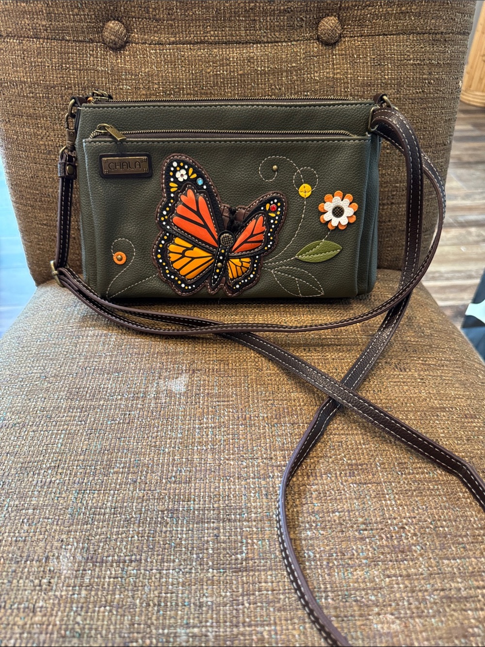 Chala Olive Green Crossbody bag with Orange Butterfly and Floral Appliques